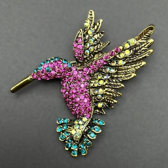 Yellow Gold with Fuchsia and Aquamarine Blue Crystal Hummingbird Pin Back Brooch - Picture 1 of 7